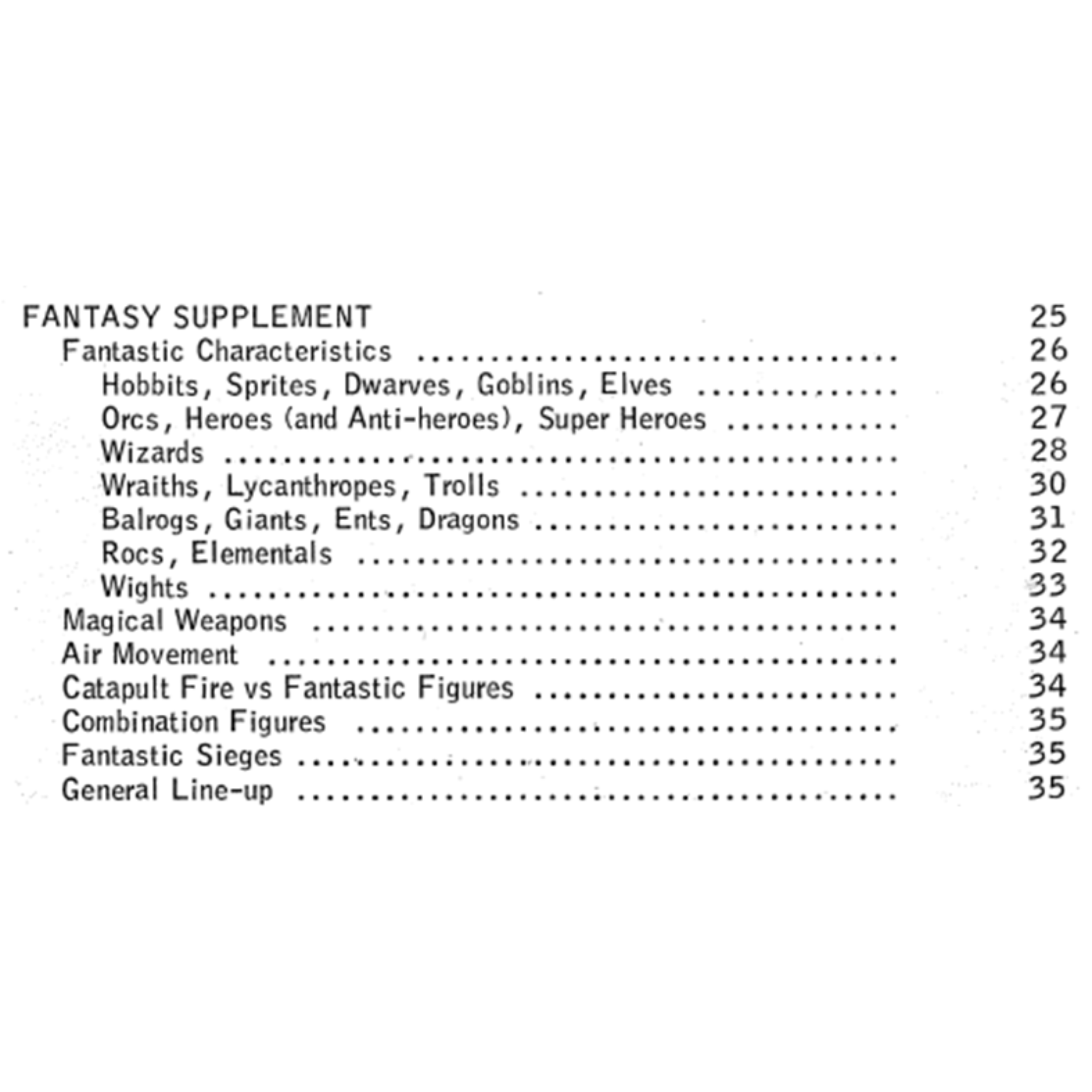 Chainmail's Table of Contents showing the Fantasy Supplement and various choices players can make