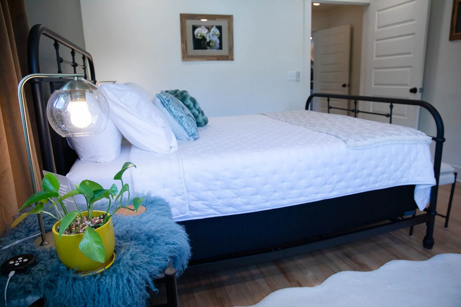 Bedroom with a black metal bed frame, white bedding, and decorative pillows. A bedside table with a potted plant and a glass lamp. A framed floral picture on the wall and an open door leading to another room.