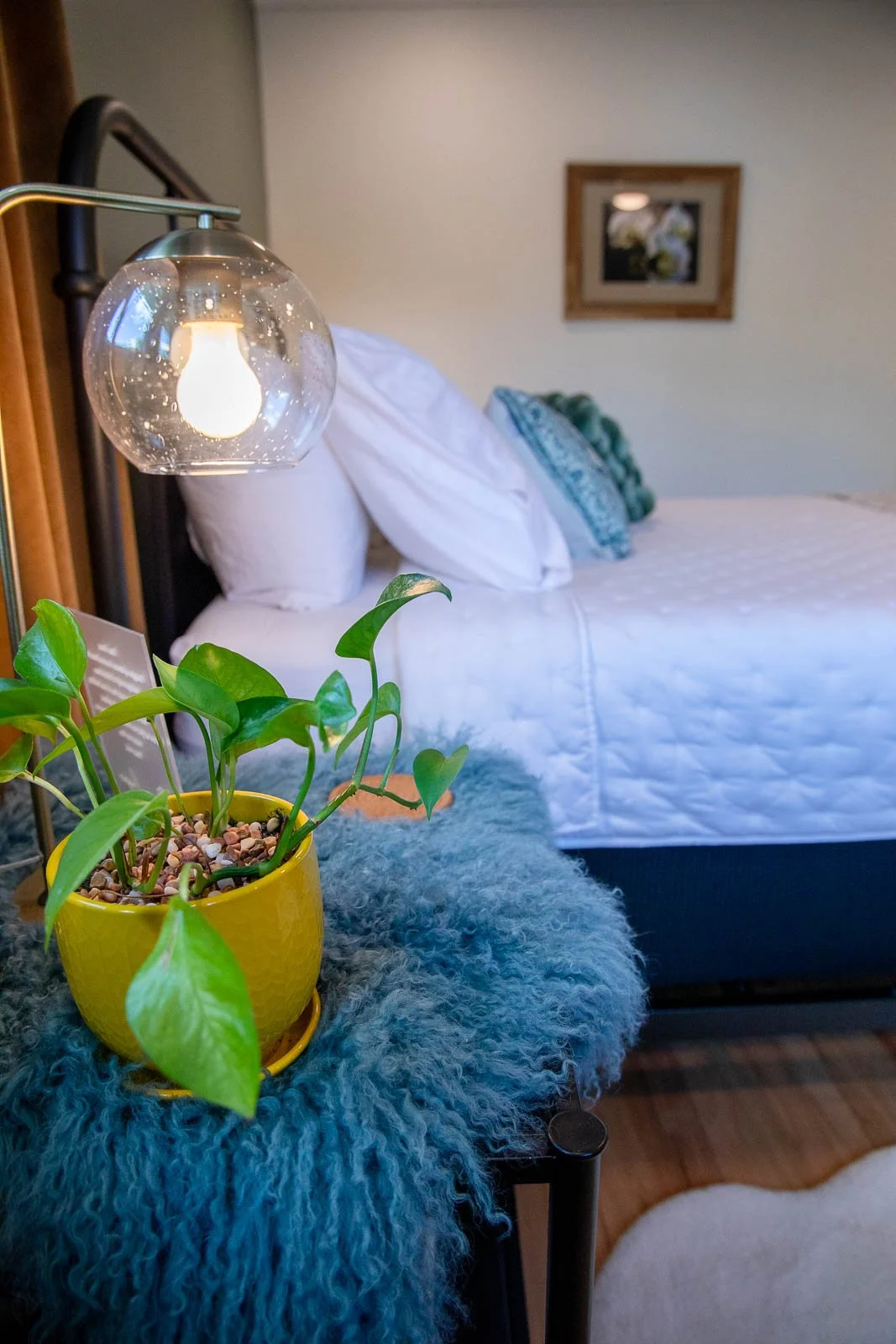 A cozy bedroom with a bed featuring white linens and pillows, a bedside table with a yellow pot of green plant, and a modern glass table lamp with a visible lightbulb.
