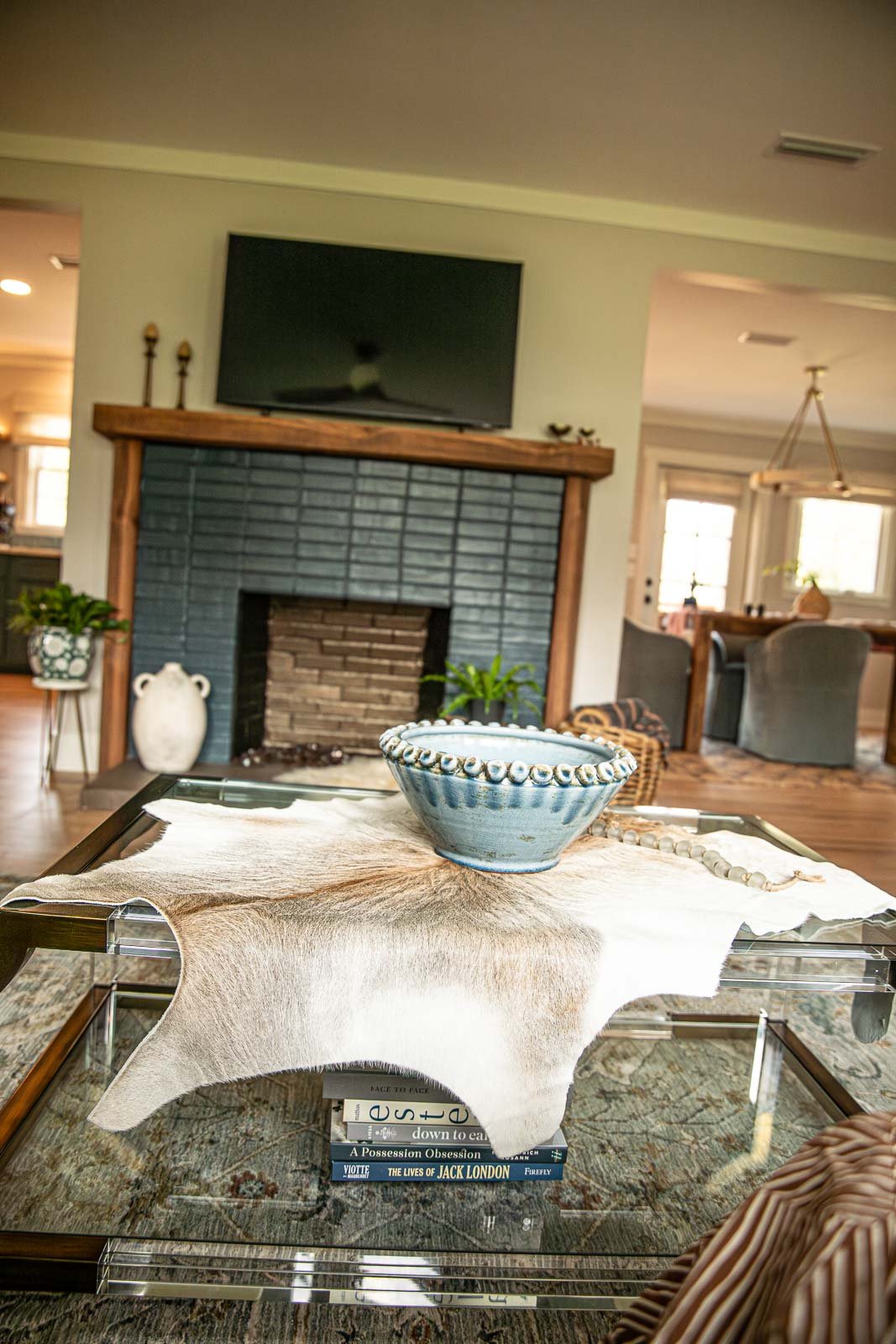 Living room with fireplace, television, and a coffee table with a decorative bowl and books.