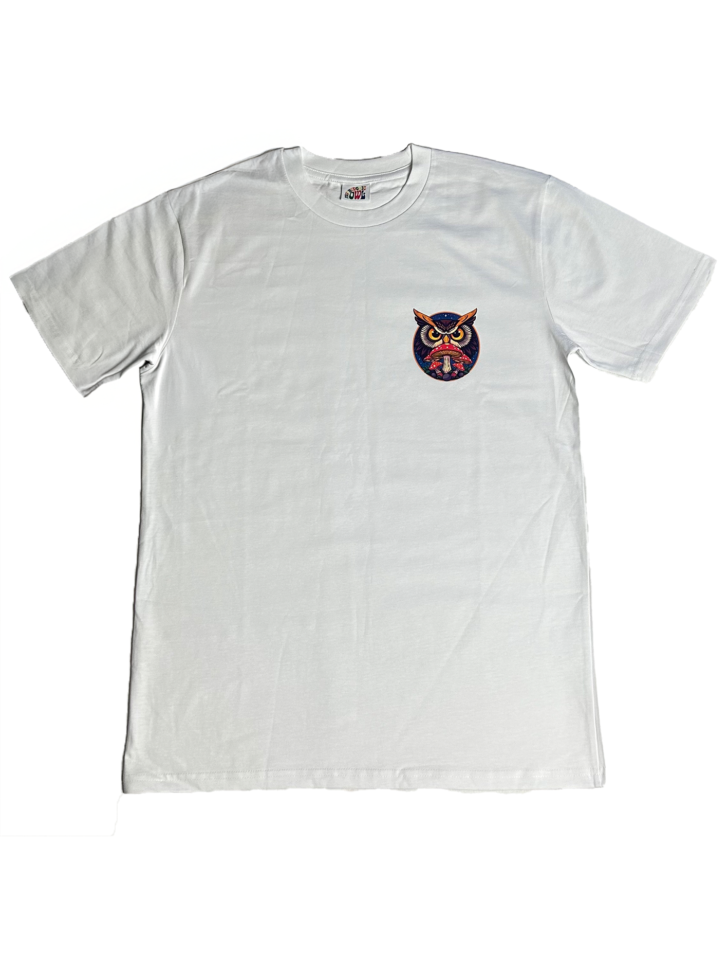 White Psychedelic Owl Everyday T-shirt featuring a minimalist owl design – comfortable, unisex fit perfect for daily wear.