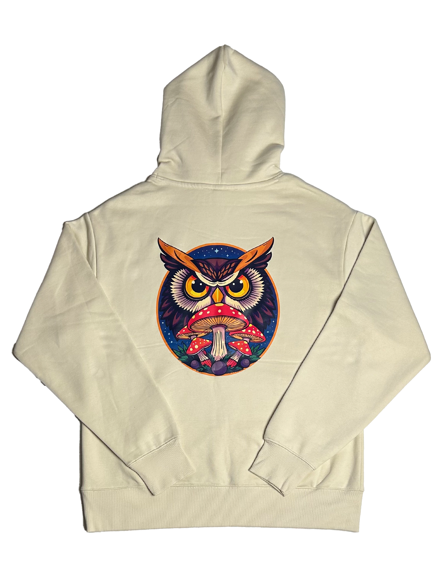 Ecru Psychedelic Owl hoodie with a small front logo and bold, oversized owl graphic on the back – cozy and statement-ready streetwear.