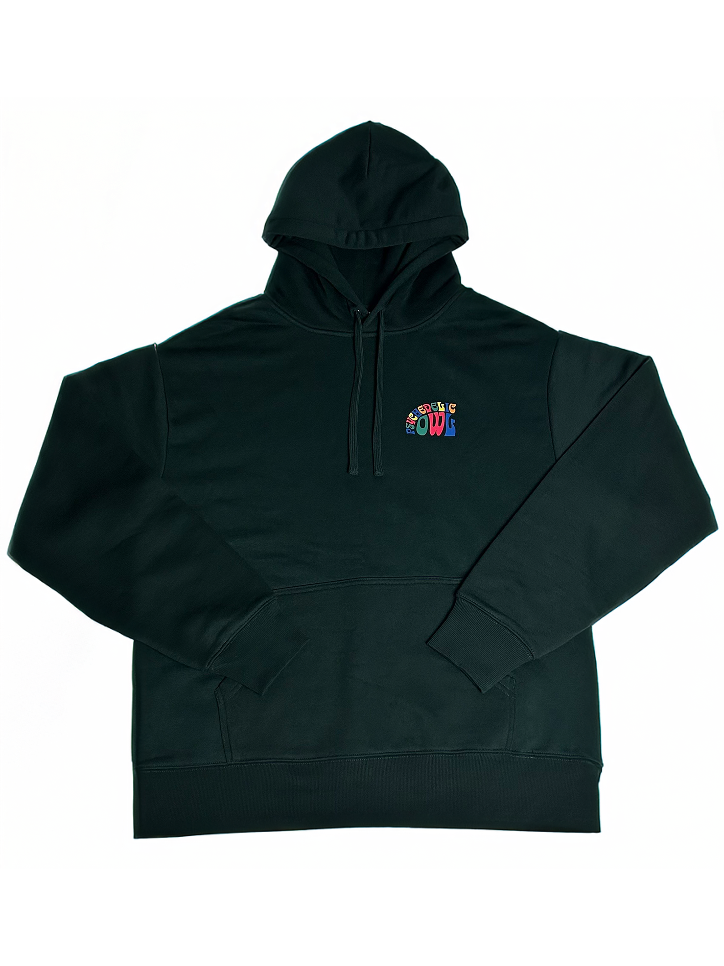 Pine Green Psychedelic Owl hoodie with a small front logo and bold, oversized owl graphic on the back – cozy and statement-ready streetwear.