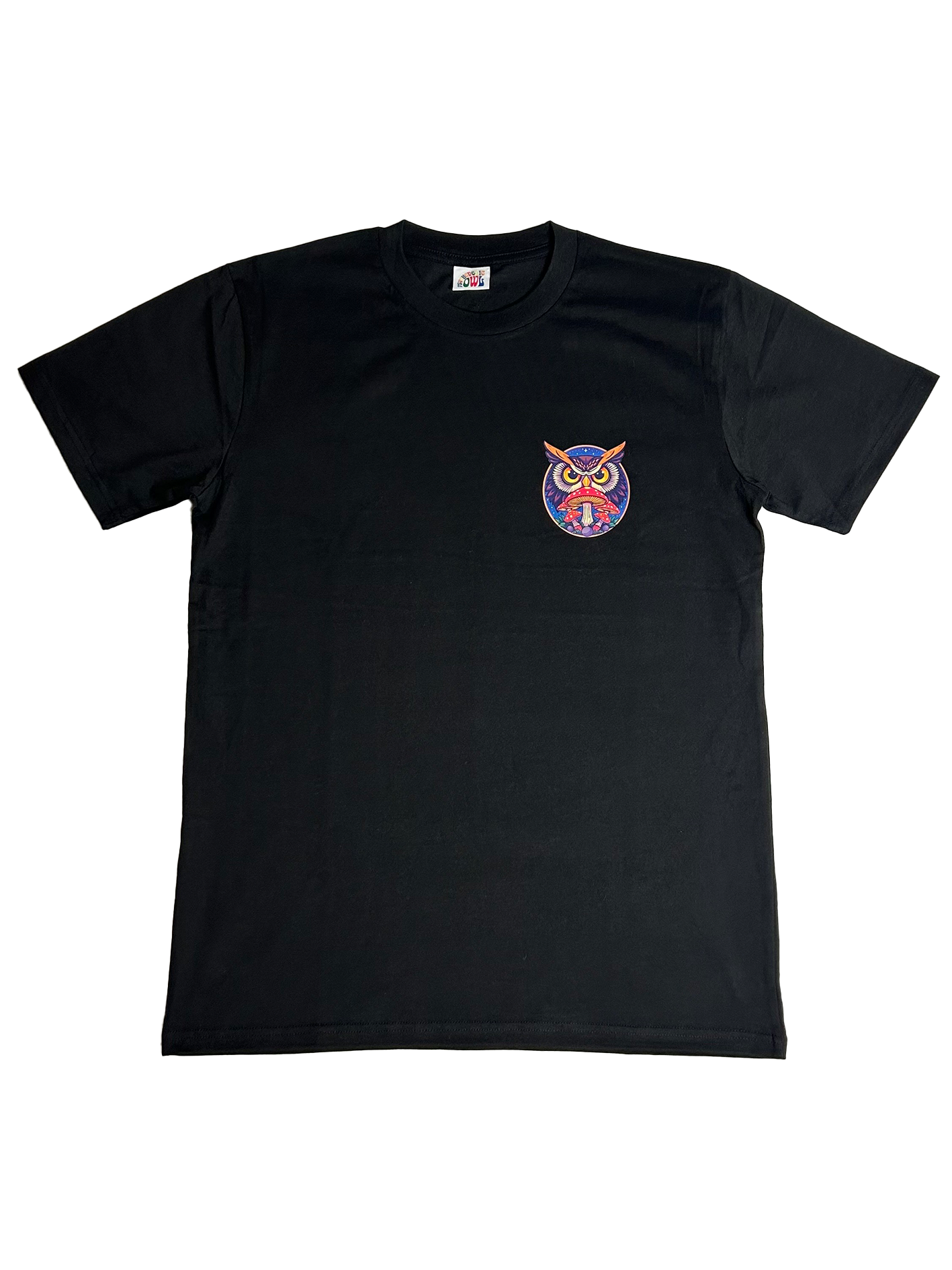 Black Psychedelic Owl Everyday T-shirt featuring a minimalist owl design – comfortable, unisex fit perfect for daily wear.