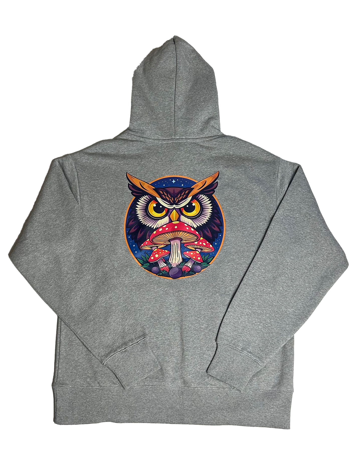 Grey Psychedelic Owl hoodie with a small front logo and bold, oversized owl graphic on the back – cozy and statement-ready streetwear.