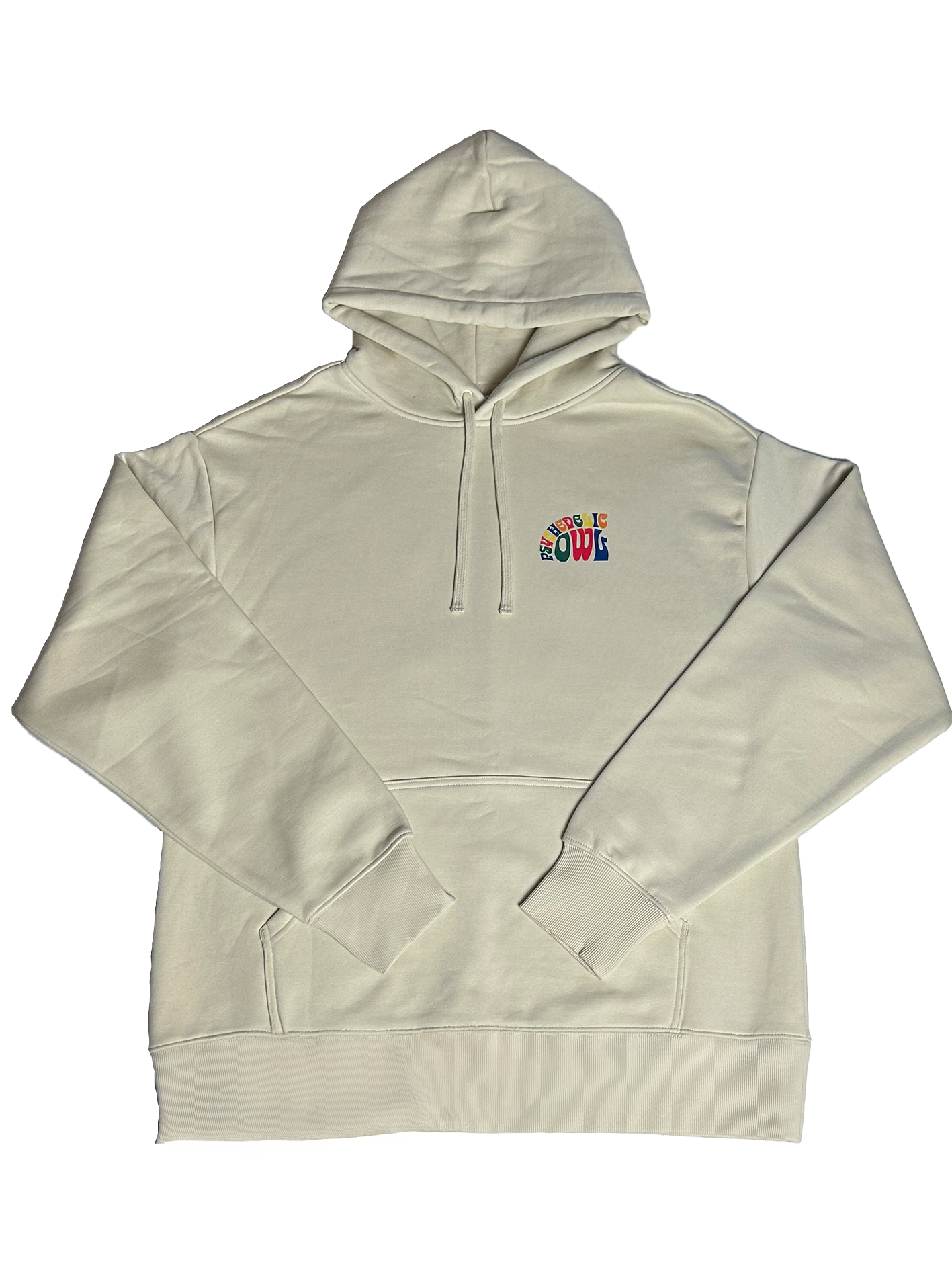 Ecru Psychedelic Owl hoodie with a small front logo and bold, oversized owl graphic on the back – cozy and statement-ready streetwear.