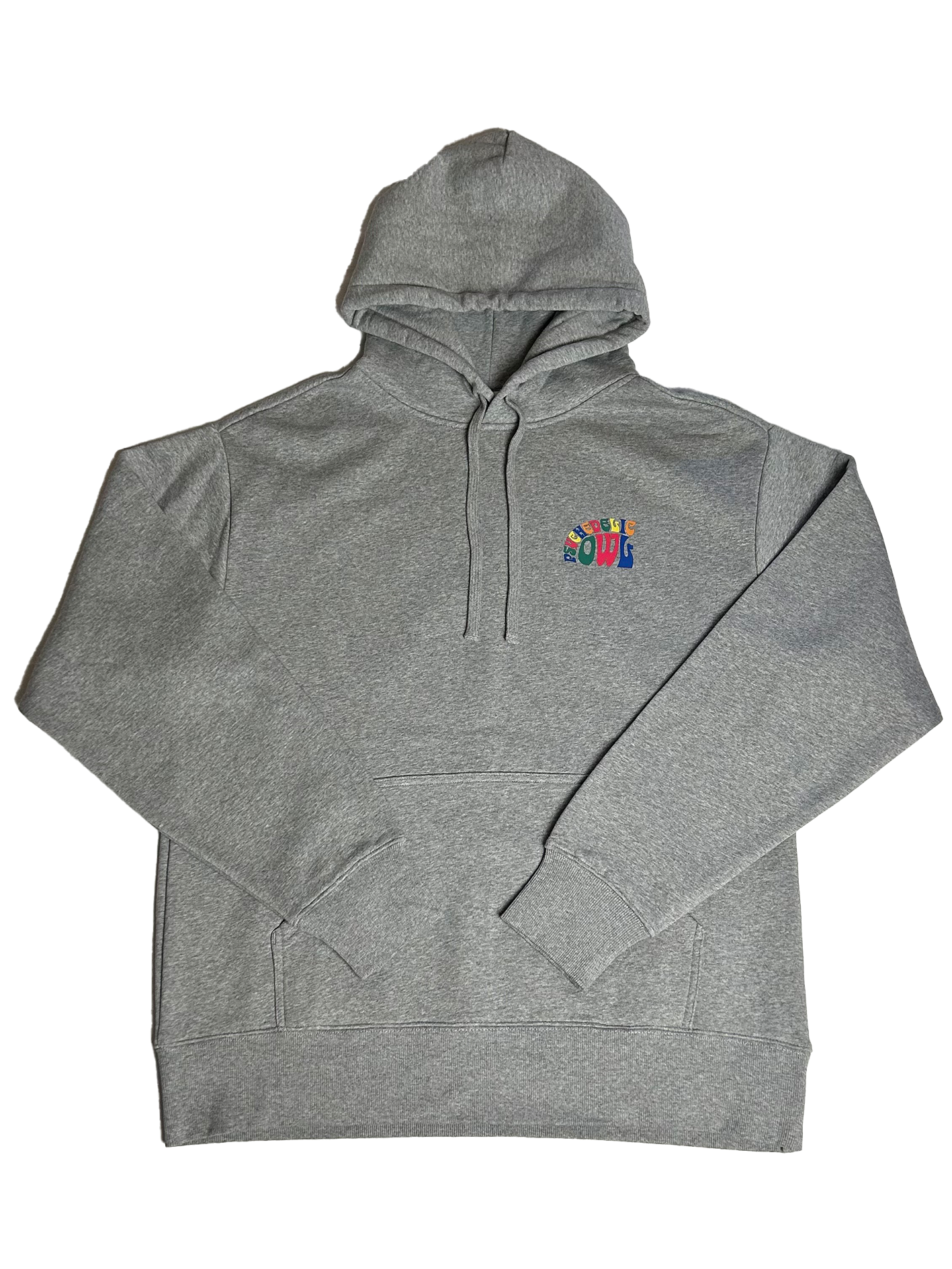 Grey Psychedelic Owl hoodie with a small front logo and bold, oversized owl graphic on the back – cozy and statement-ready streetwear.