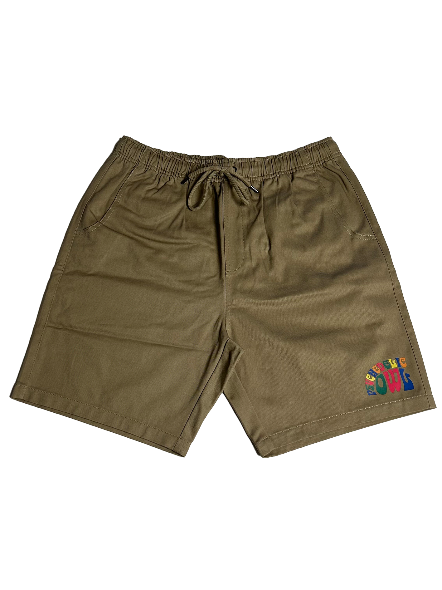 Khaki Psychedelic Owl shorts featuring a subtle logo on the front left side – comfortable and stylish for everyday wear or casual outings.