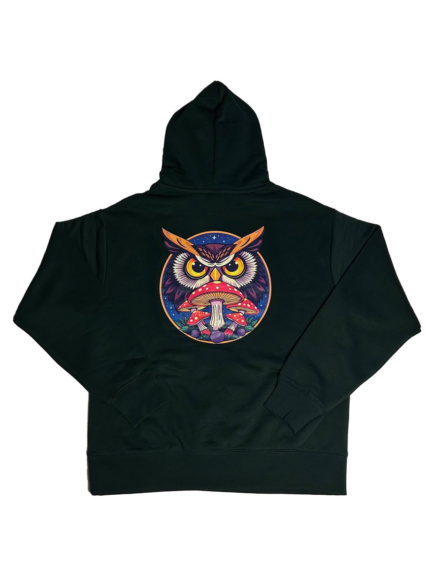 Pine Green Psychedelic Owl hoodie with a small front logo and bold, oversized owl graphic on the back – cozy and statement-ready streetwear.