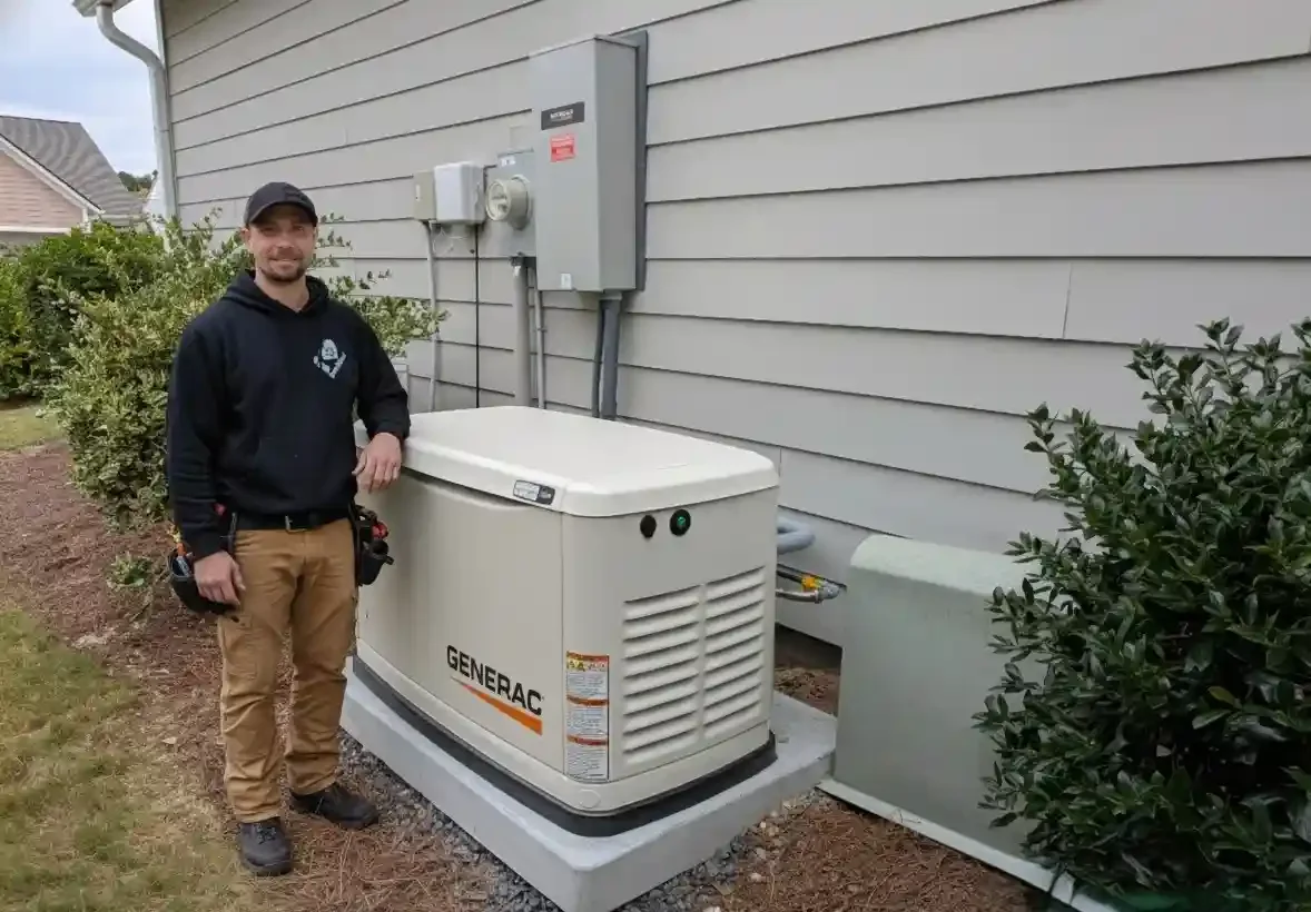 WaveRider Electric & Automation Owner Jason Wagner standing in front of a newly installed whole house generator in Wilmington NC