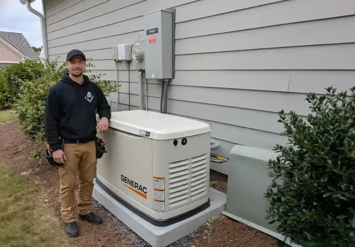 WaveRider Electric & Automation Owner Jason Wagner standing in front of a newly installed whole house generator in Wilmington NC
