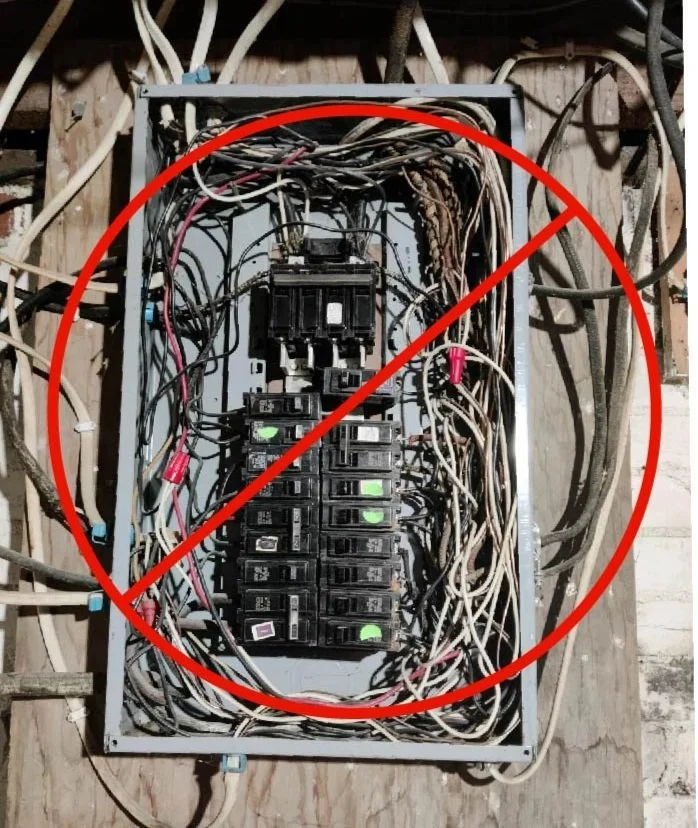 Panel that was wired wrong and needs to be upgraded or replaced. Old circuit breakers and wiring. Outdated, hazardous, bad installation. Mistakes.