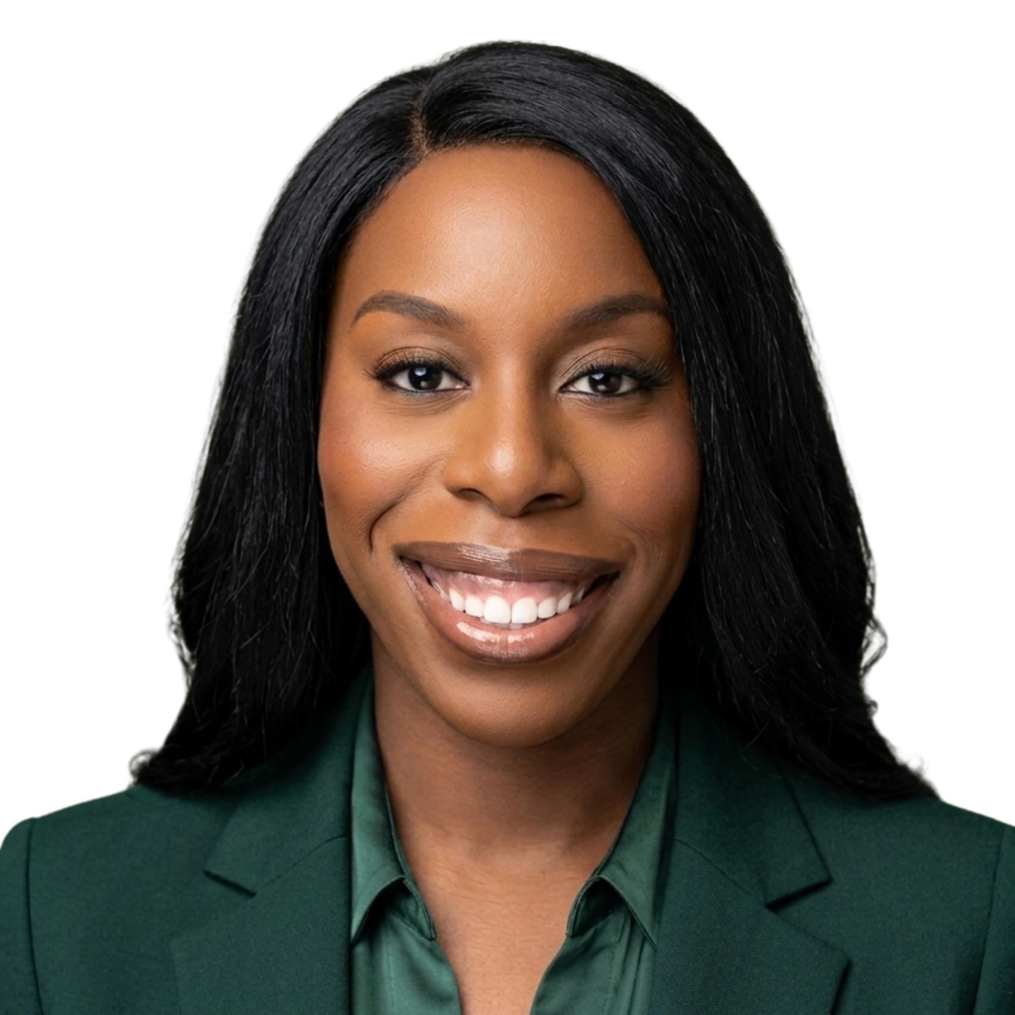 A woman with long black hair, wearing a green blazer and dark green shirt, smiling with visible teeth.
