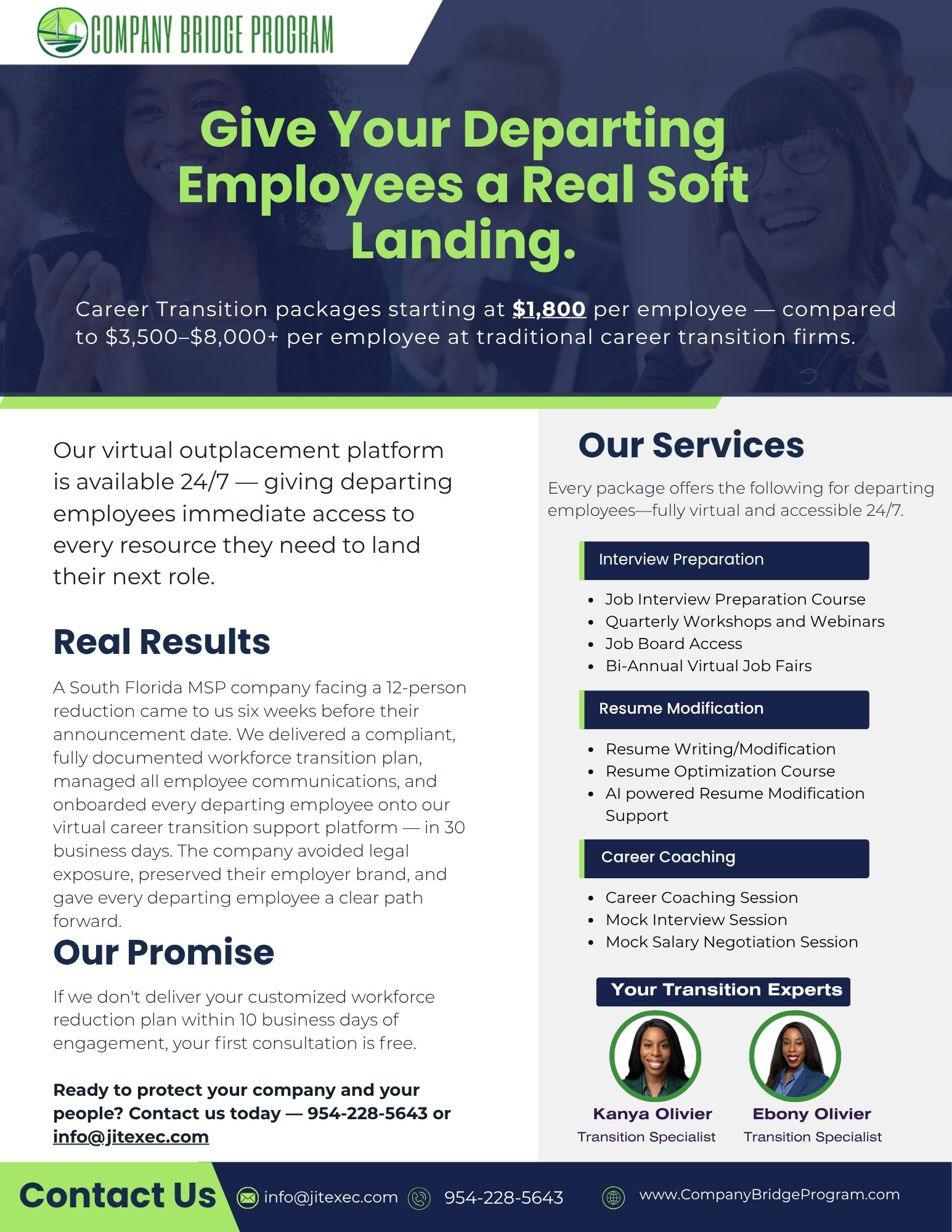 A flyer for Company Bridge Program promoting career transition services for departing employees, highlighting cost savings, virtual platform availability, and contact information with images of two transition specialists.