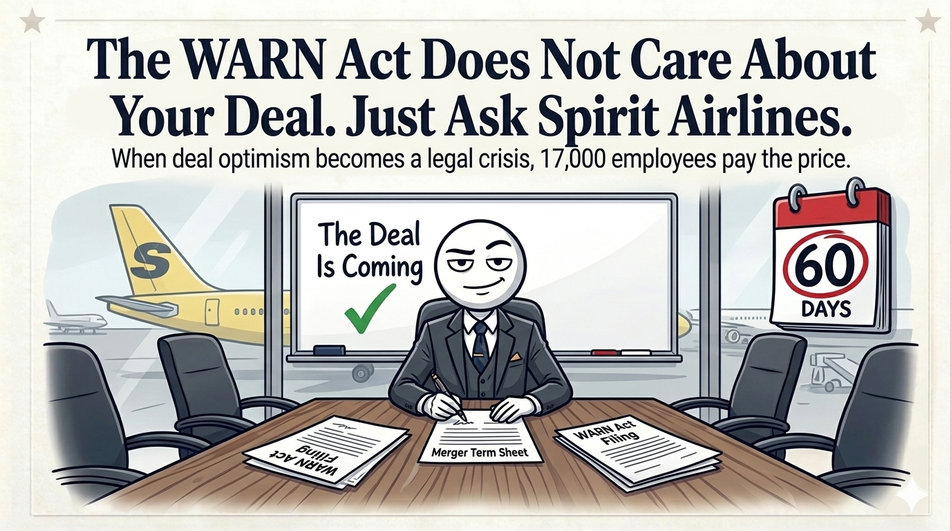 Spirit Airlines WARN Act violation boardroom illustration showing merger term sheet and 60-day notice requirement.
