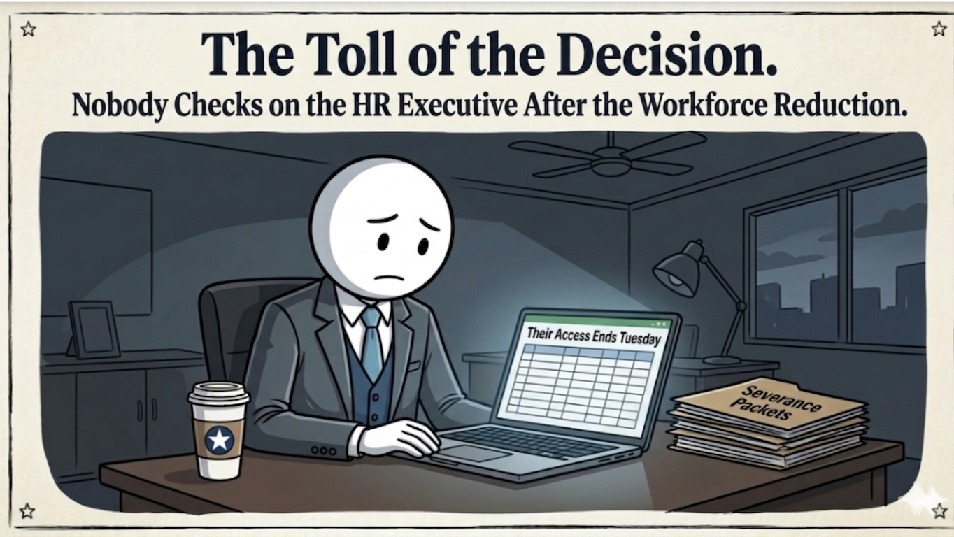 HR executive alone at his desk after a workforce reduction, surrounded by severance packets and an offboarding schedule.