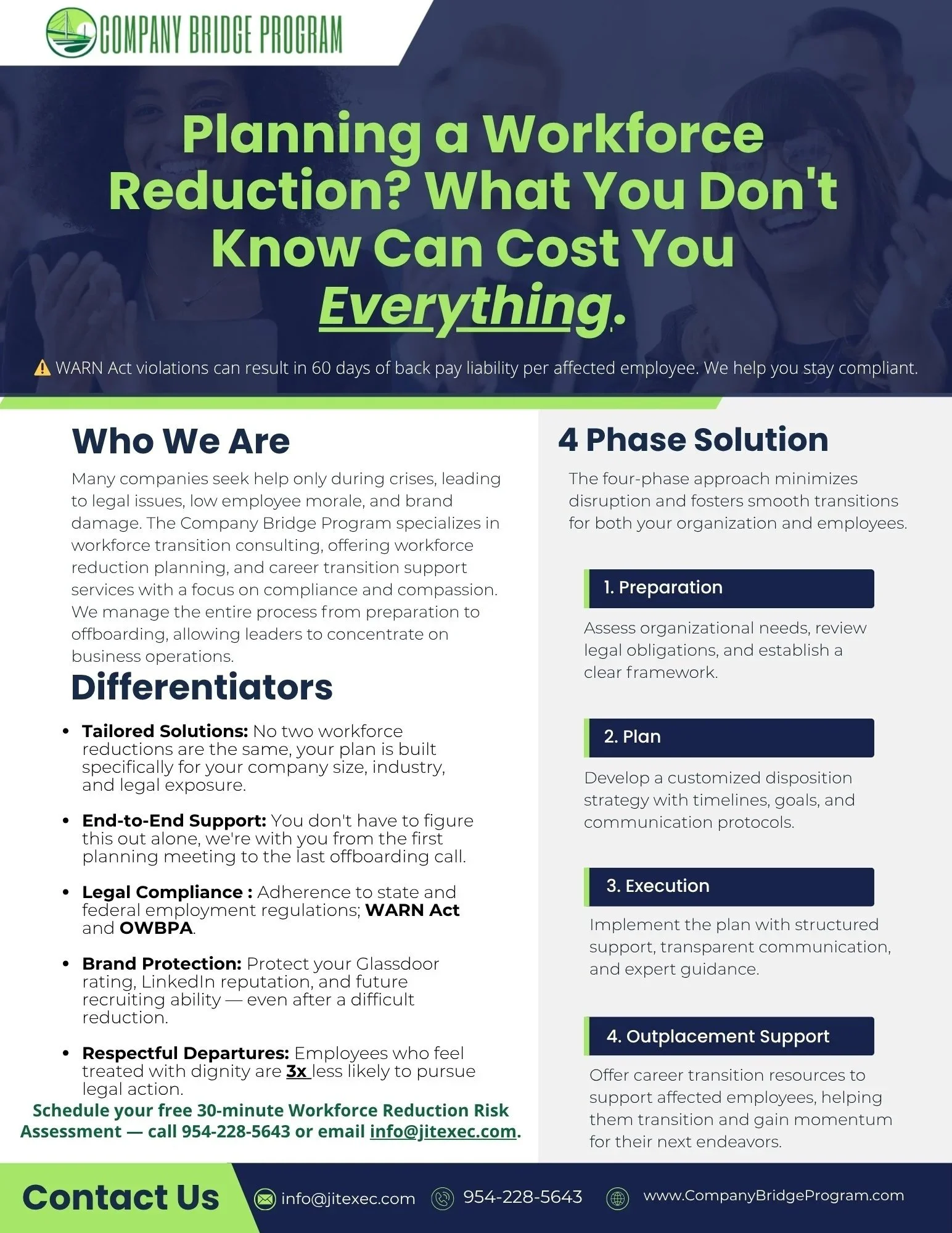Business flyer for Company Bridge Program about workforce reduction planning, includes sections on who they are, solutions, and contact information, with a green and blue color scheme.