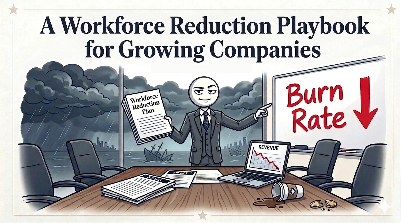 Executive presenting a workforce reduction plan against a declining burn rate, signaling financial distress.