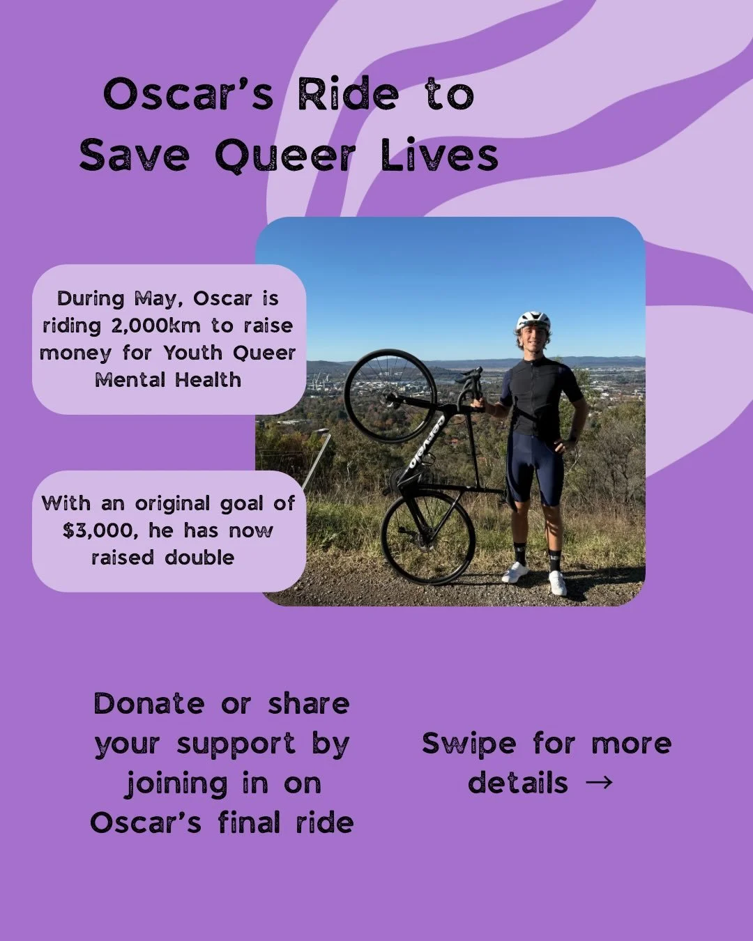 Meet Oscar @oscardethridge ! He has spent the entire month of May raising money for Youth Queer Mental Health!!!!! How incredible is that?! Join him for his final ride this Sunday! We&rsquo;ll be there! Will you? 😁😁😁😁 

If you have any questions,