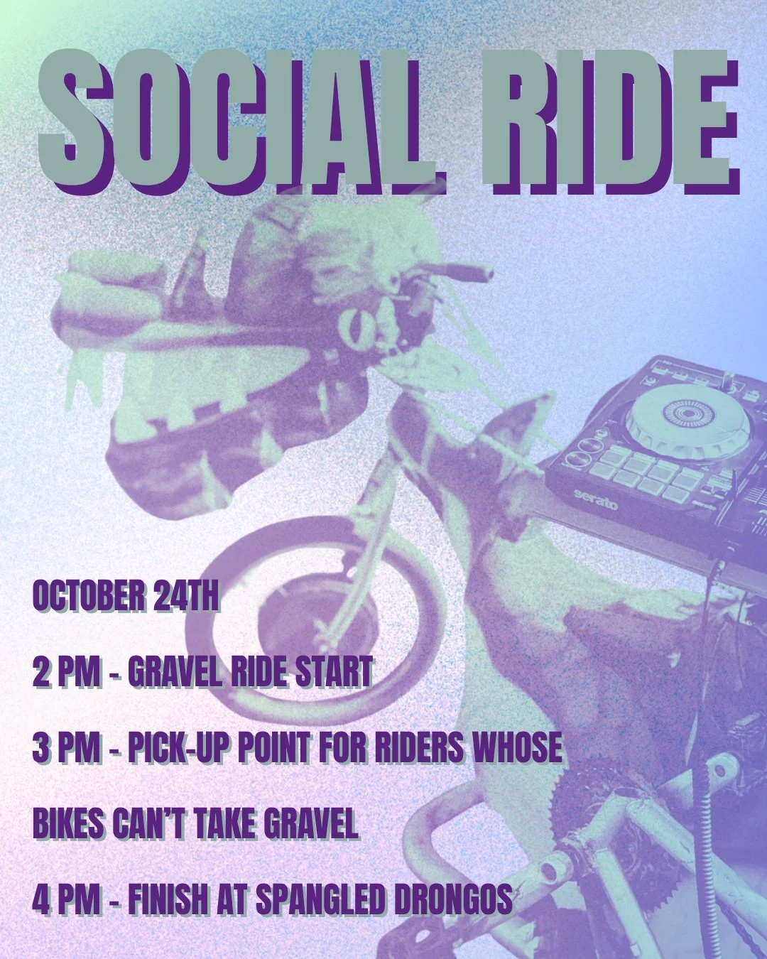 YOOOOOO check out our next social ride on OCTOBER 24TH!! This one is a lil' extra special because we will be ridin' to the SPANGLED DRONGOS. The last slide is a sneak peak at the beast of a bike our board member, Dan, will be bringing to the 2nd half