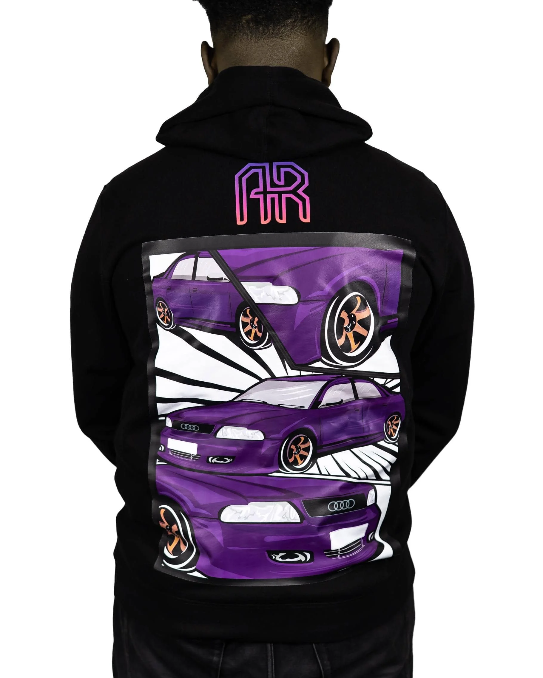 Man wearing hoodie featuring purple audi illustration and AR Bodyworks logo on the back