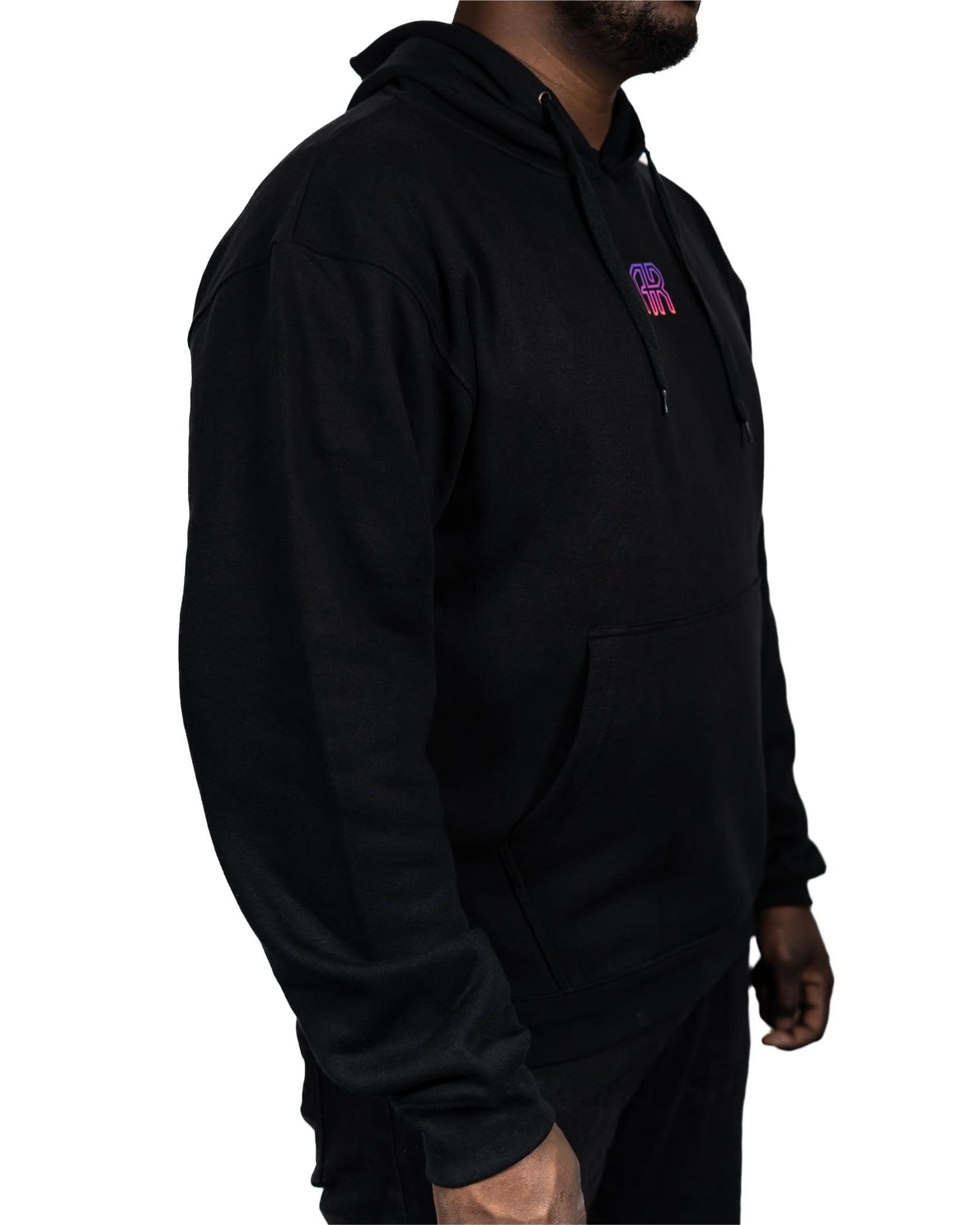 Man wearing hoodie featuring AR Bodyworks logo on the front