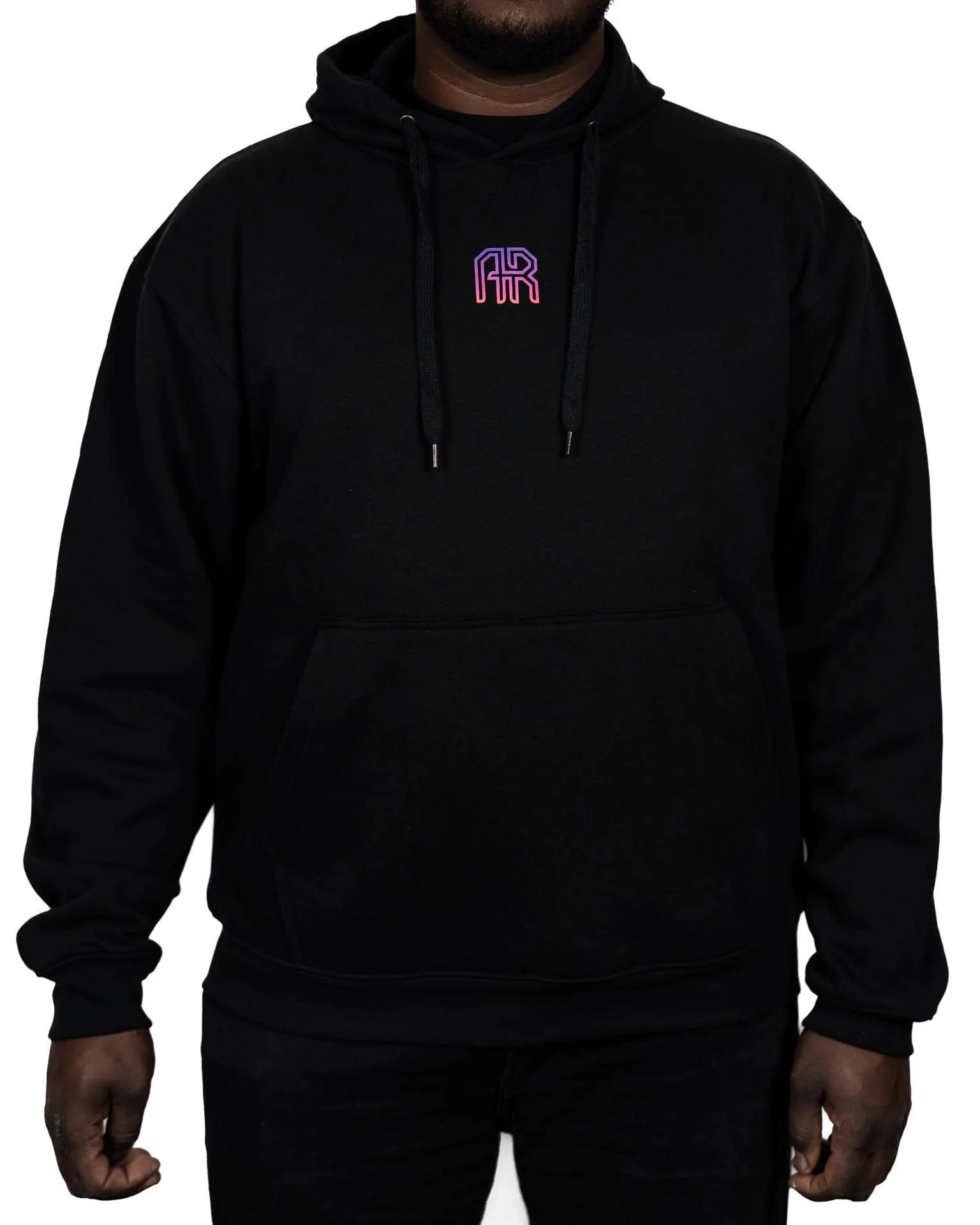 Man wearing hoodie featuring AR Bodyworks logo on the front