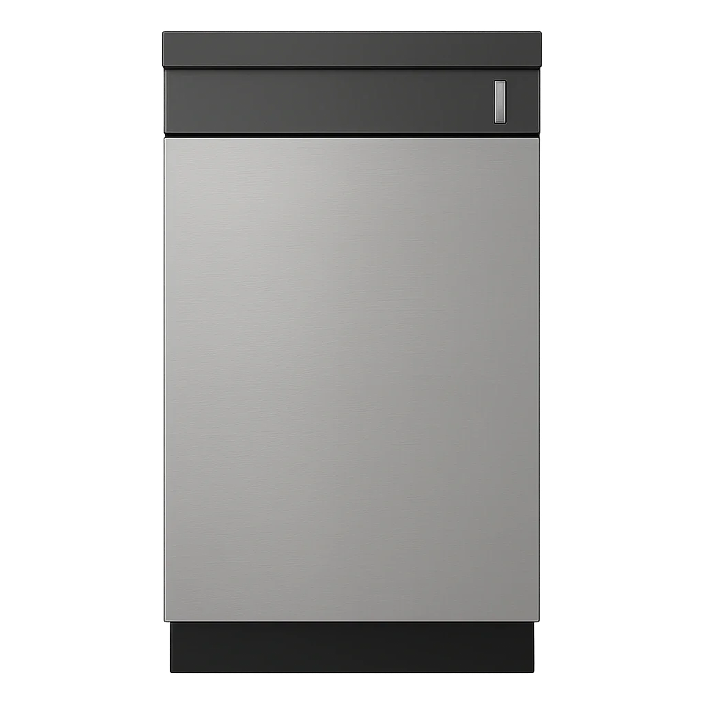 Front view of a stainless steel dishwasher with a control panel and handle at the top.