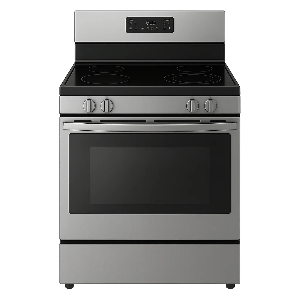 Stainless steel electric stove with black cooktop and oven door – modern kitchen range for professional stove and oven repair services.