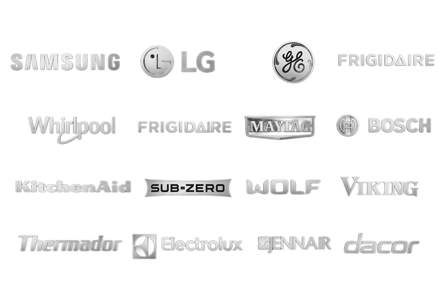 Black background with multiple appliance brand logos in silver and gray, including Samsung, LG, GE, Frigidaire, Whirlpool, Maytag, Bosch, KitchenAid, Sub-Zero, Wolf, Viking, Thermador, Electrolux, JennAir, and Dacor.