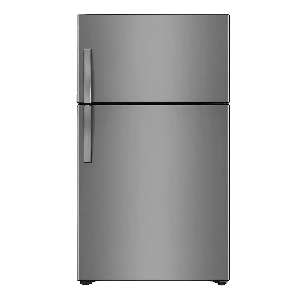 Stainless steel top-freezer refrigerator with left-side door handle – modern fridge for professional refrigerator repair and cooling service.