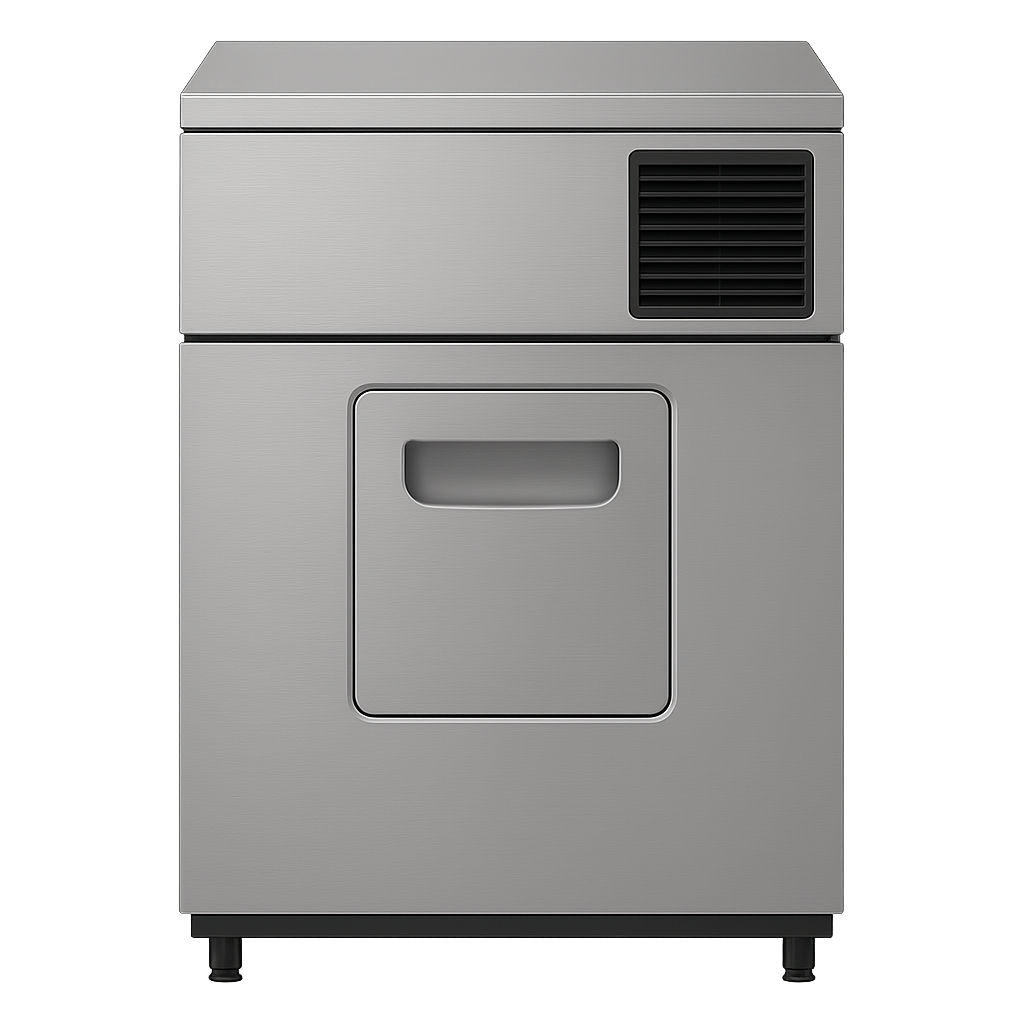 A stainless steel commercial ice machine with a black vent on the top right and a door with a handle on the front.