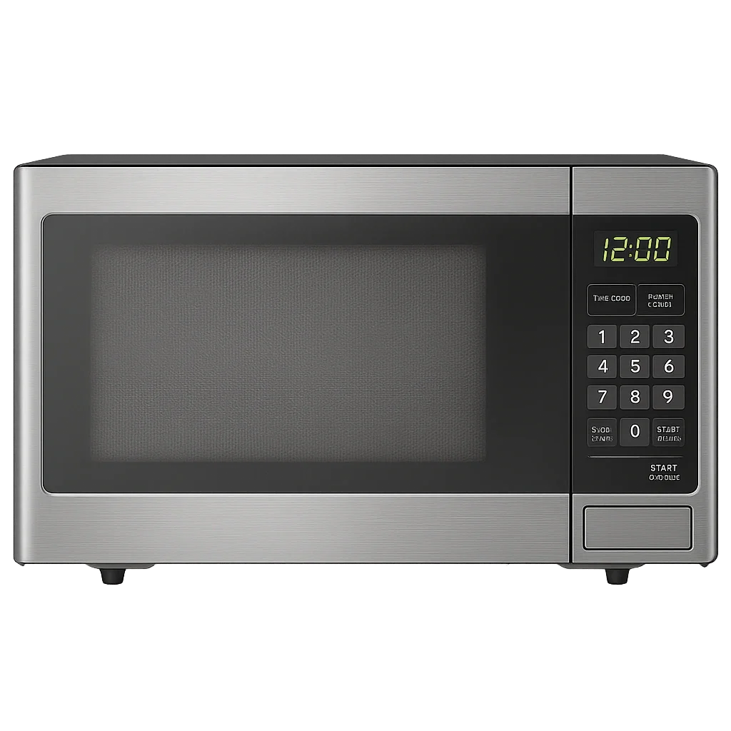 Stainless steel microwave oven with digital control panel showing 12:00