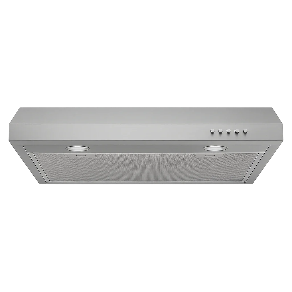 Under-the-cabinet kitchen range hood with control buttons, lights, and mesh filter.