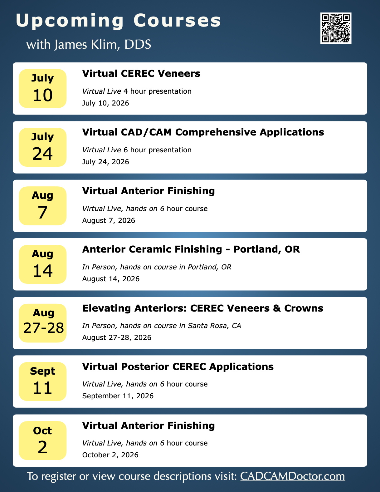 Course schedule with James Klim, DDS
