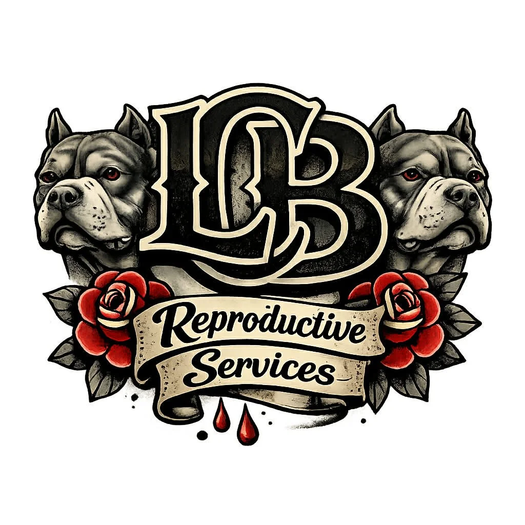 A tattoo-style logo for 'L3 Reproductive Services' featuring two dog faces, a banner, roses, and drops of blood.