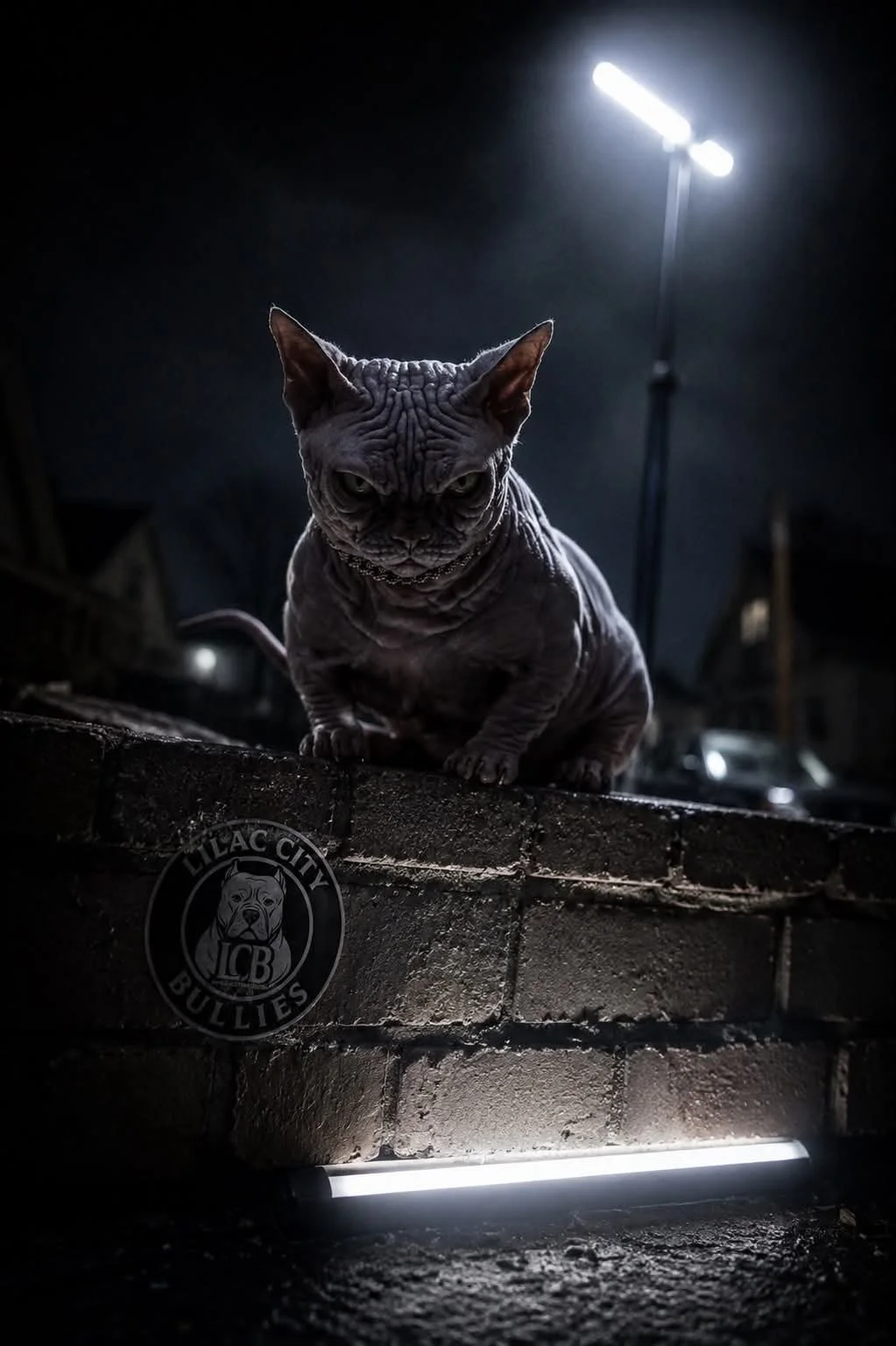 A hairless Sphynx cat with a serious expression, sitting on a brick wall under bright lights at night. The wall has a circular logo reading 'Lilac City Bullies' with a dog's face.