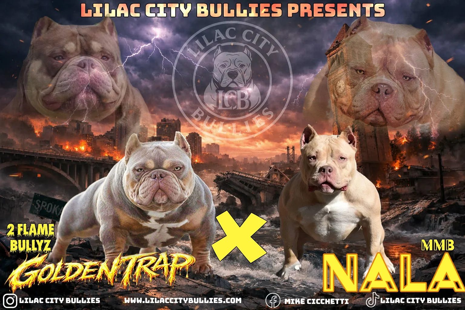 A promotional poster for Lilac City Bullies featuring four bullies in a dark, dystopian cityscape with lightning and fire. The poster includes text that says 'Lilac City Bullies Presents,
