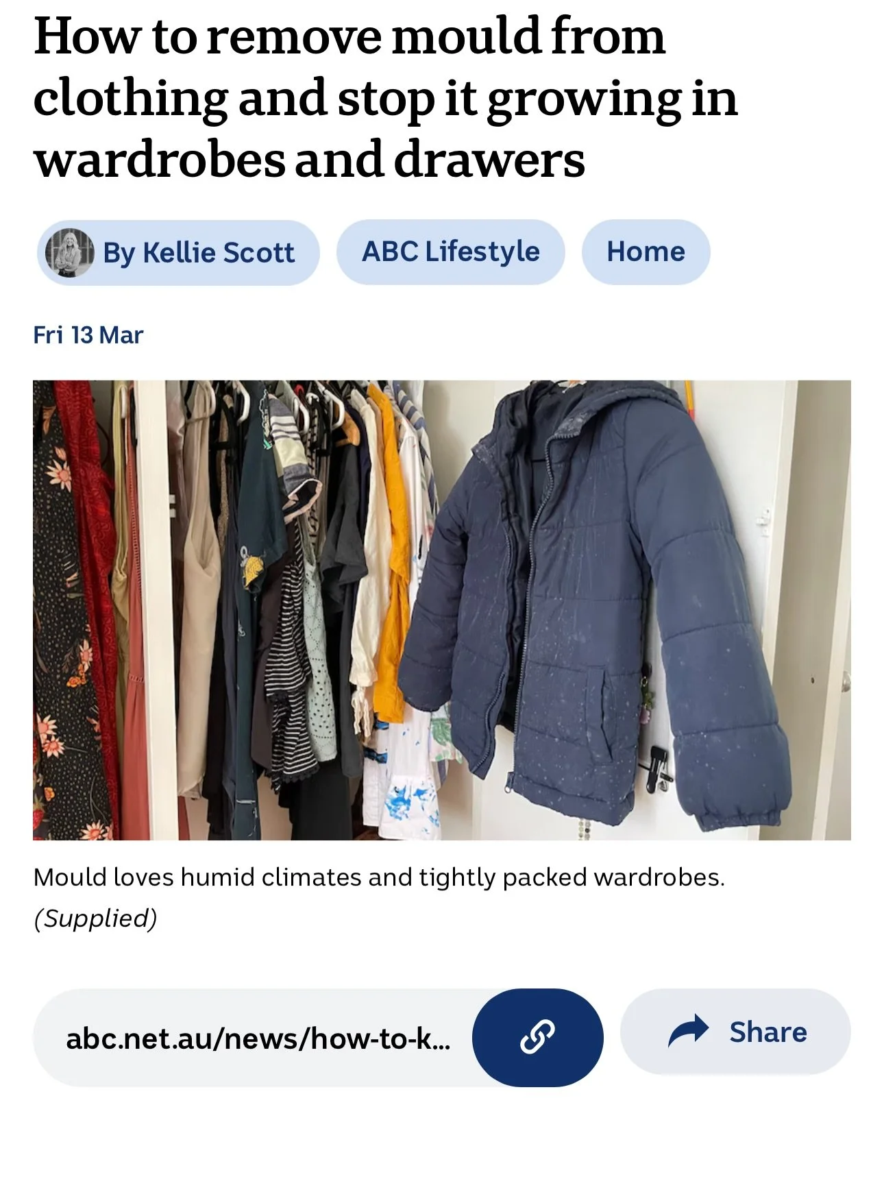 Mouldy clothes? 🦠

I recently spoke to ABC about how you can prevent mould growth, and what to do if you find it. 

Check it out here: 
https://www.abc.net.au/news/2026-03-13/how-to-keep-mould-out-of-the-wardrobe/106431972?utm_source=abc_news_web&am
