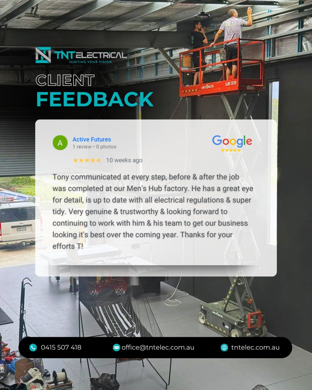 We&rsquo;re grateful for the kind words from Active Futures! It&rsquo;s always a pleasure working with clients who trust us to deliver reliable and expert electrical services.

📞 Call TNT Electrical today at 0415 507 418
🔧 Expert electrical service