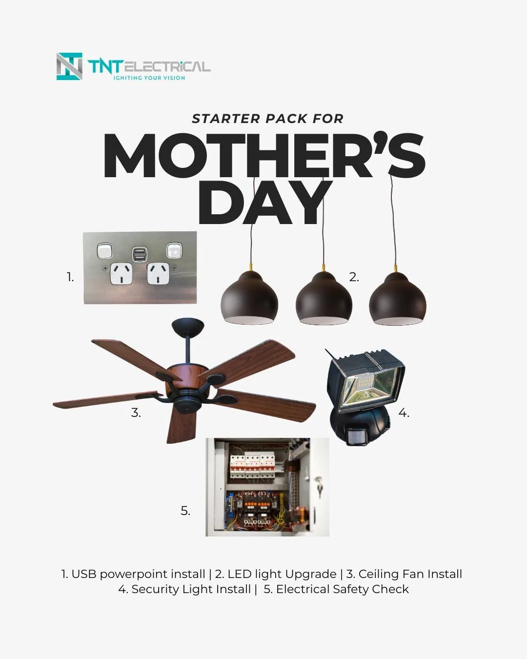 💐 Happy Mother&rsquo;s Day to all the amazing mothers out there!
This year, give Mum something practical and useful with an electrical upgrade.

Here are 5 ideas she&rsquo;ll love:

1. Powerpoints with USB ports &ndash; Keep your devices charged wit