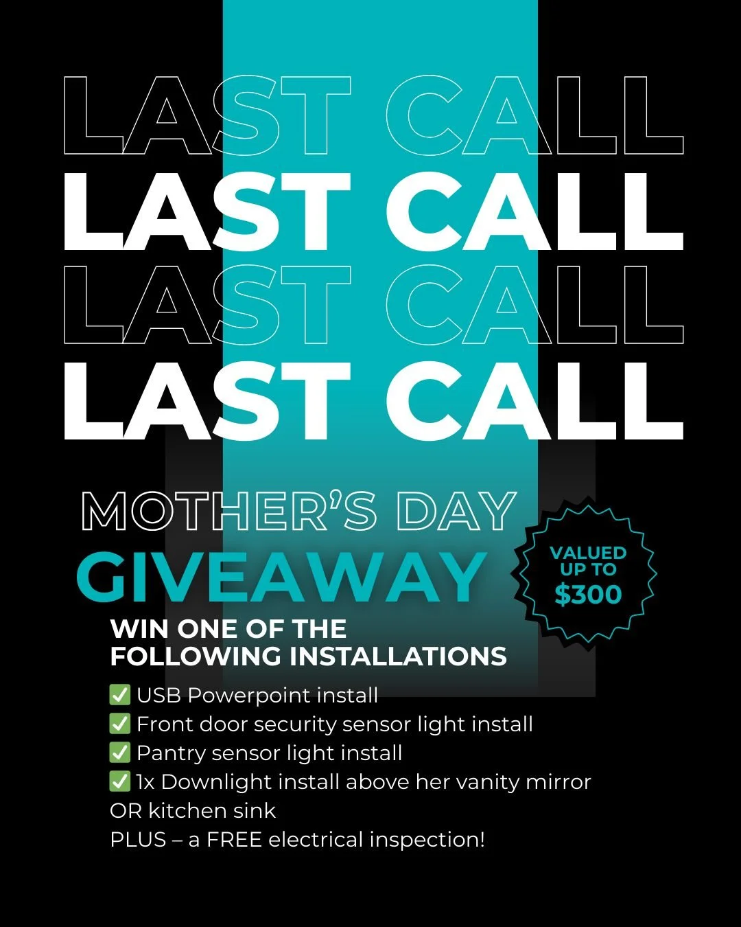 LAST CALL! MOTHER&rsquo;S DAY GIVEAWAY 💐
Win an electrical upgrade for Mum!
✅ USB Powerpoint install
✅ Security sensor light install
✅ Pantry sensor light install
✅ Downlight install
PLUS &ndash; FREE electrical inspection!

Go to our original Mothe