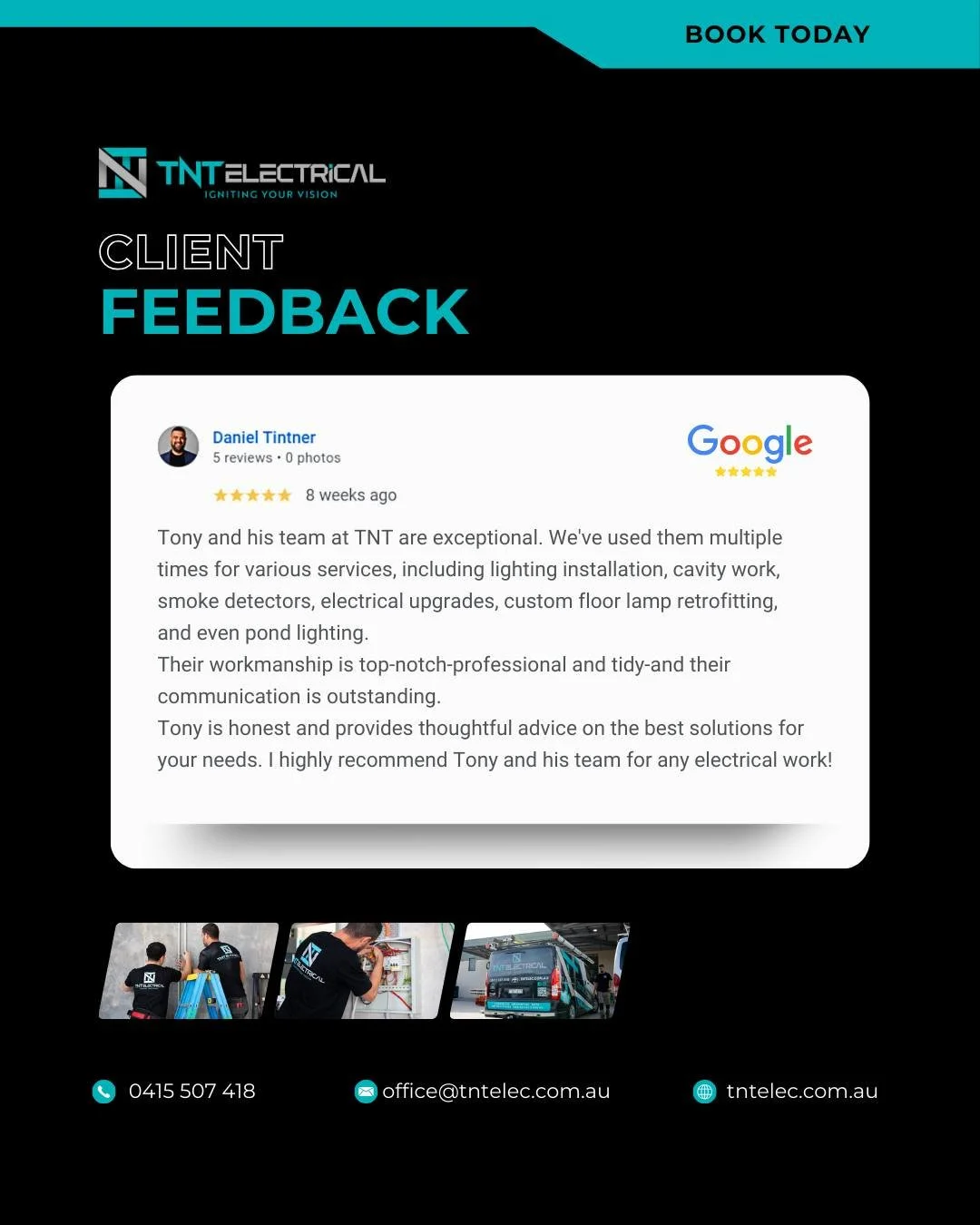 Always grateful for the kind words from the people we work with.
We take pride in what we do, and it means a lot when that gets noticed.

📞 Call TNT Electrical today at 0415 507 418
🔧 Expert electrical services | Fast and affordable | Local and tru