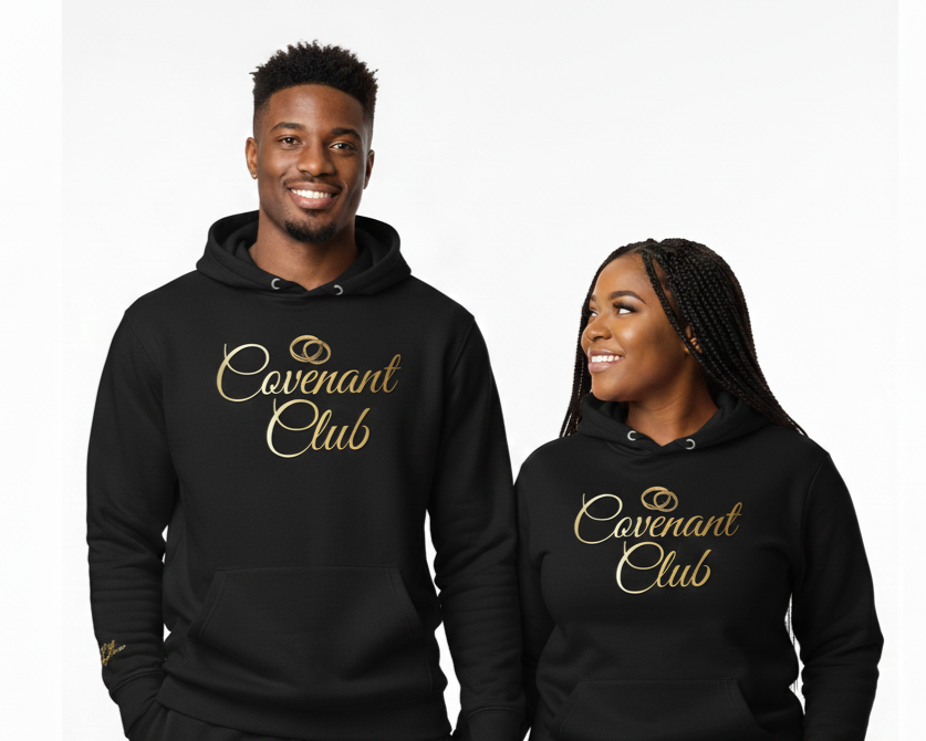 A smiling man and woman wearing black hoodies with the words 'Covenant Club' in gold lettering and a gold wedding ring graphic.
