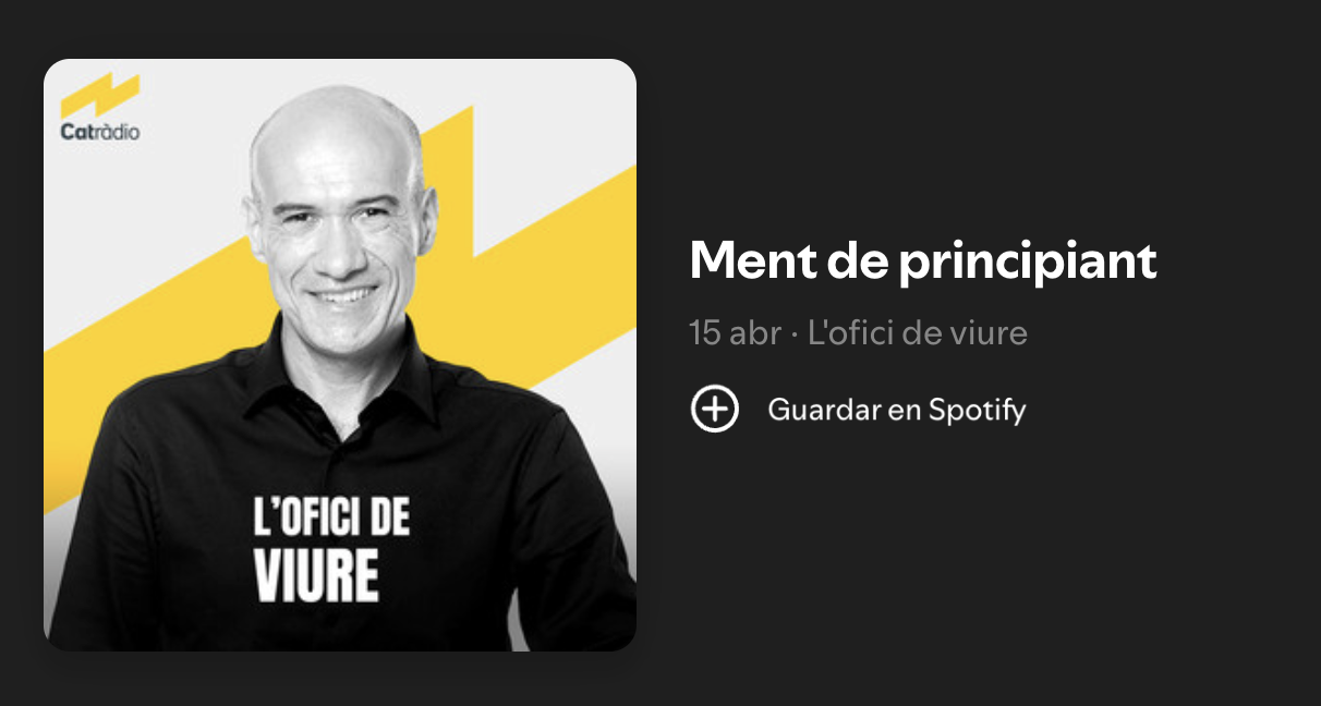 Portada de podcast con un hombre rubio, sonriendo, con camisa negra, fondo blanco con rayas amarillas, y texto que dice 'L'ofici de viure'.