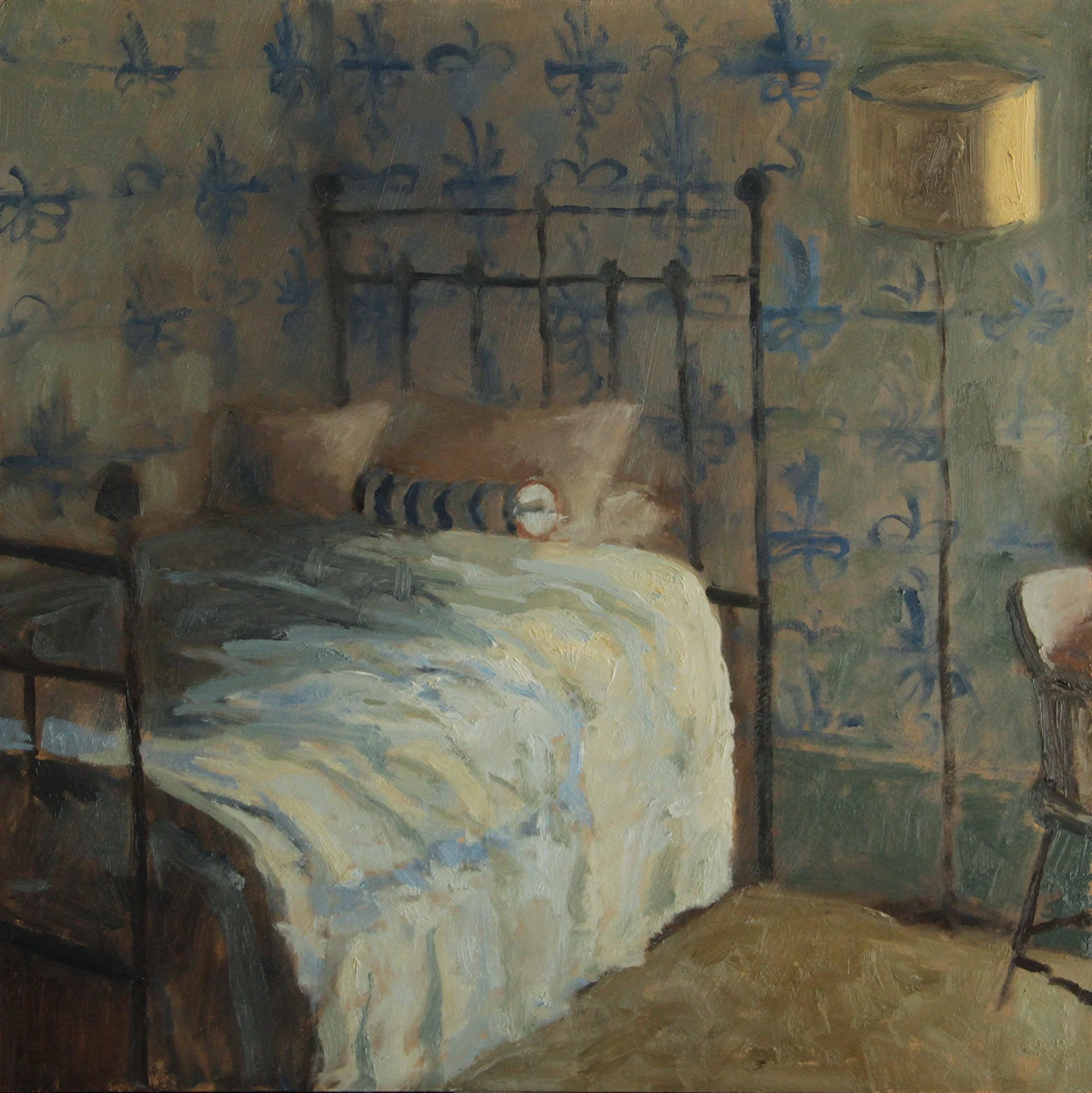 "Study of a Bed in Edith's Room" 2025, Oil on Board, 12 x 12 inches