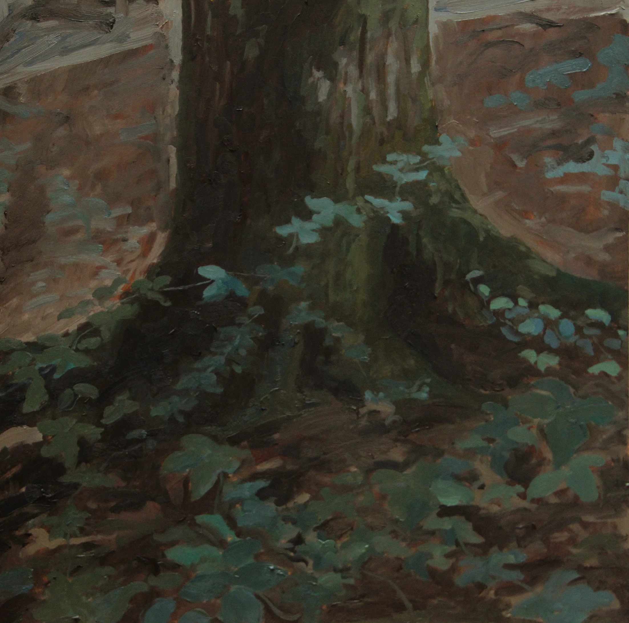 "Tree trunk with vine leaves" 2025, Oil on board, 12 x 12 inches