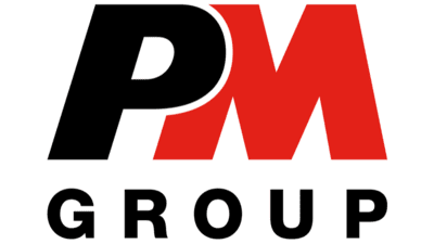 PM Group logo with black and red lettering