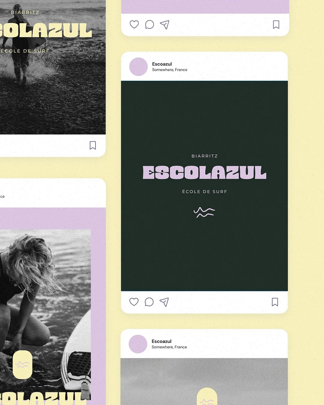 Capture d'écran d'une affiche promotionnelle pour une école de surf appelée Escoazul à Biarritz, avec un fond noir, gros texte violet et des symboles de vagues.