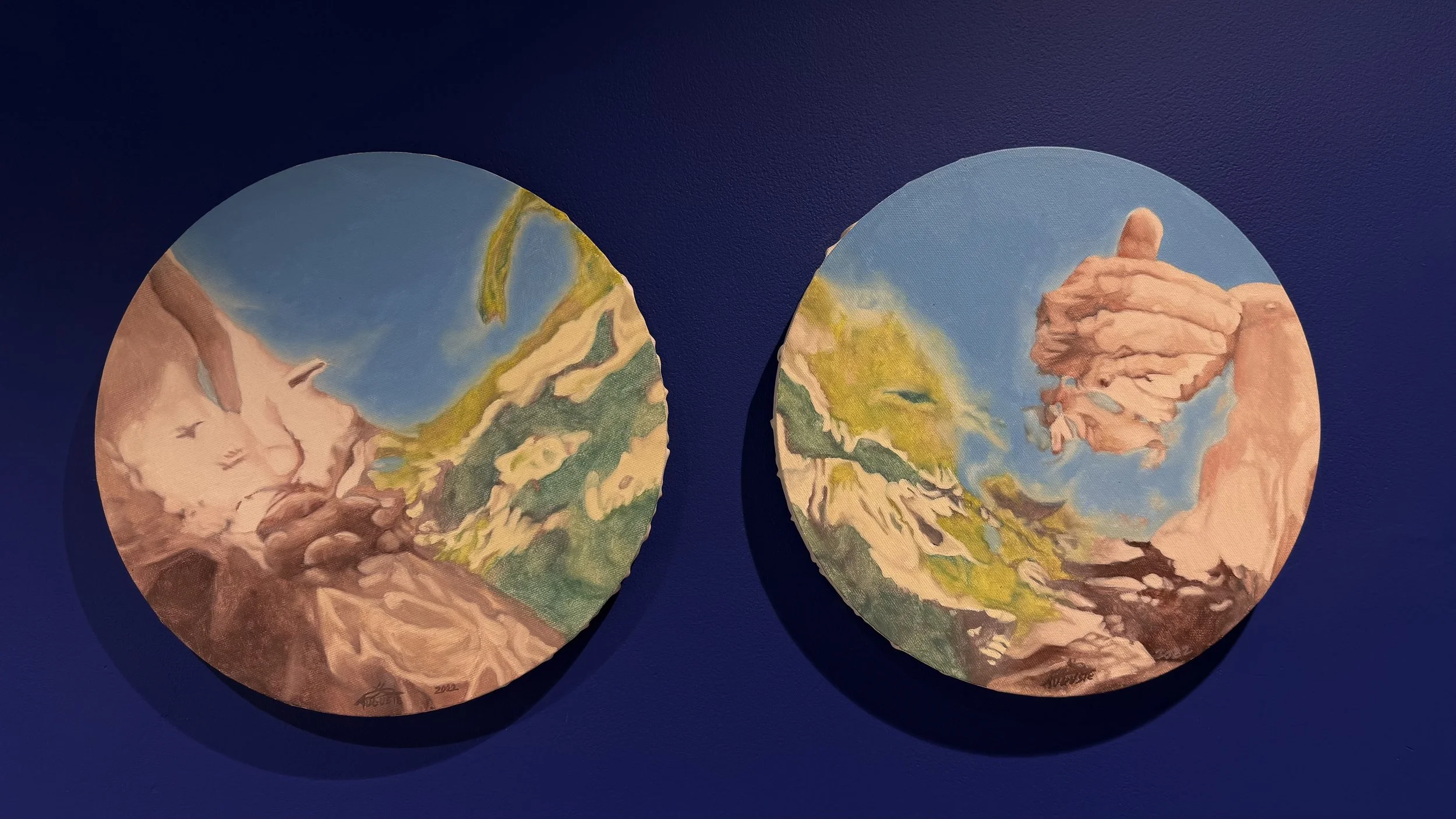 Deux tableaux ronds représentant des paysages de montagnes avec des ciel bleu, installés côte à côte sur un mur bleu